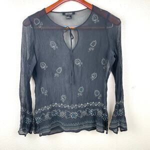 Y2K 90s‎ Womens Top Sz S %100 Silk Dark Fairy Whimsigoth Sheer Boho Embroidered
